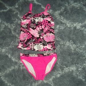 OP~2 PC SWIMSUIT HALTER TOP/BOTTOM BIKINI PINK XOXO LOVE PRINT~GIRLS SIZE XS 4-5